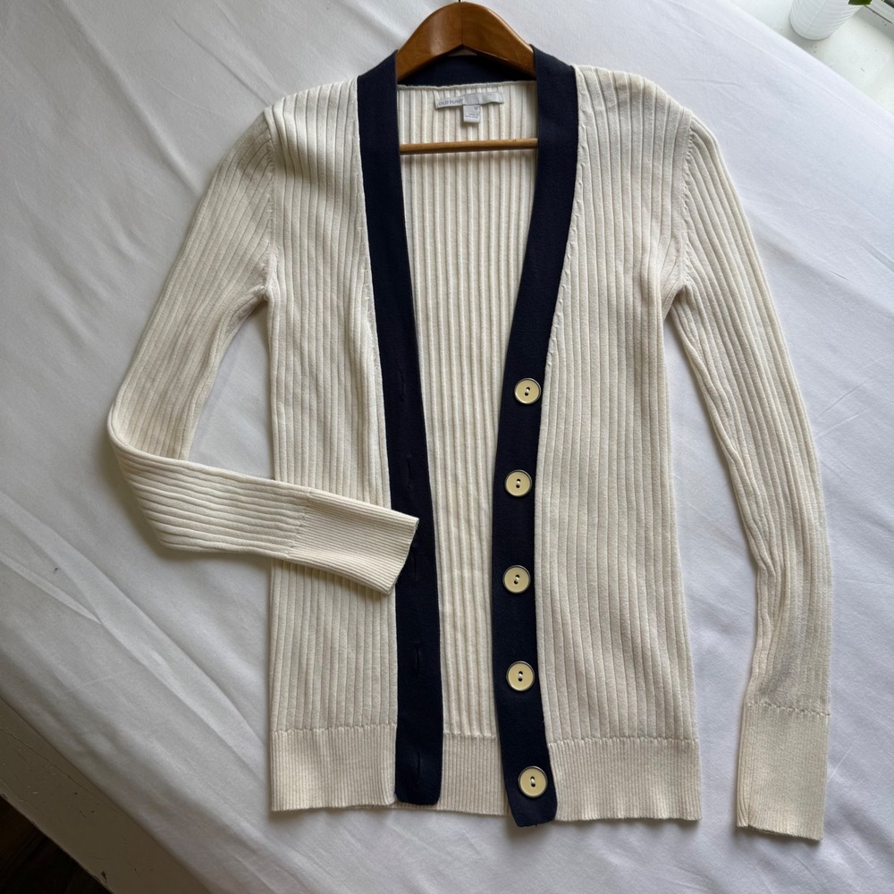 Old Navy Ribbed Cotton Cardigan Cream Navy V-Neck Medium Fall Layering Old Money